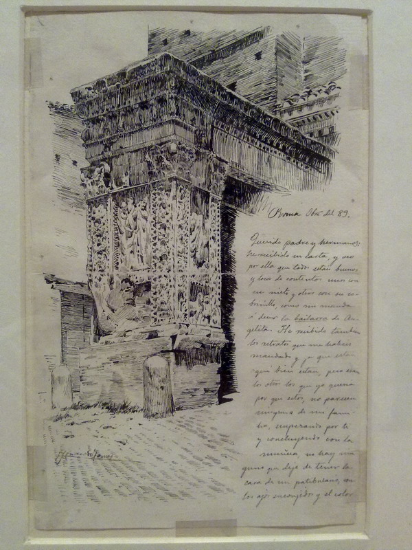 Rafael Romero de Torres: Carta con dibujo de Arco de los Plateros en Roma, 1889, plumilla en papel verjurado